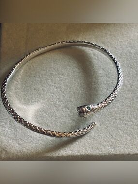 Snake Head Silver-Tone Open Bangle Bracelet with Green Eyes